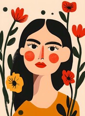 Wall Mural - Woman with Flowers in Illustration