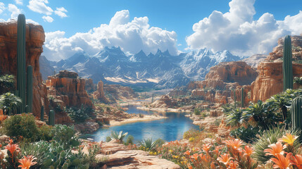 A vibrant desert landscape with mountains, lush greenery, and a tranquil lake under a bright blue sky