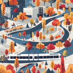 Poster - Autumn City Park with Tram and People