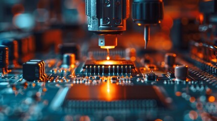 Close-up of chip on circuit board in electronics manufacturing