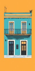 Illustration of a Two Story Turquoise Building with Balcony