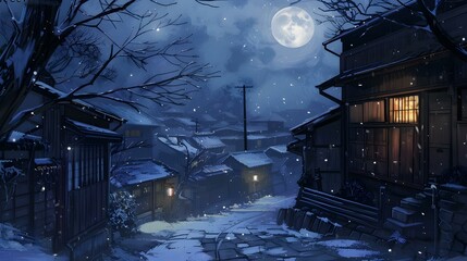 Canvas Print - Snowy Night Scene of a Japanese Village