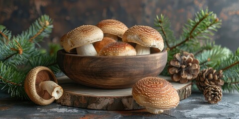 Wall Mural - Fresh, organic mushrooms in a rustic wooden bowl with evergreen branches, perfect for natural cooking. Free copy space for text.