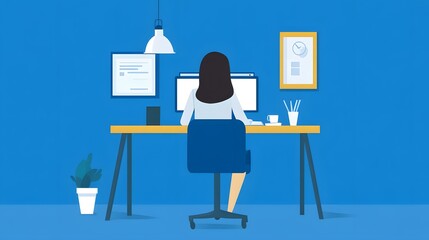 Sticker - Woman Working at Home Office Desk with Computer and Plant