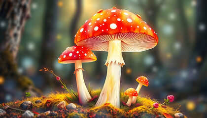 watercolor illustration fairy mushroom fly agaric on transparent background. mystic luminescent forest, psychedelic neon color. groovy, funky fungus. psychogenic poisonous mushroom dangerous to heal