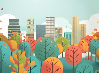 Wall Mural - Colorful Cityscape Illustration with Buildings and Trees