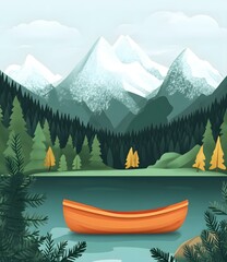 Poster - Canoe Infront of Mountain Landscape Illustration