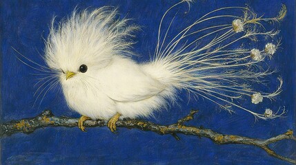 Wall Mural -   A painting of a white bird perched on a tree branch with long white feathers adorning its backside