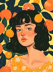 Wall Mural - Woman with Orange Flowers and Oranges Illustration