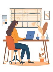 Sticker - Woman Working on Laptop at Home Office with Plants