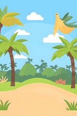 Cartoon Illustration of Tropical Landscape With Flying Banana Peel