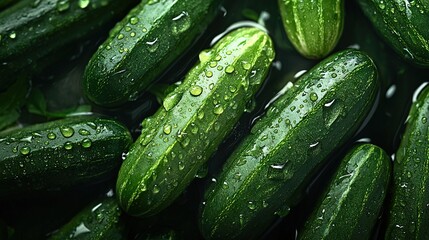 Wall Mural -   A pile of cucumbers with water droplets lies on top of each other