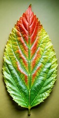 Detailed texture of a vibrant green and red leaf on a neutral background. Generative AI