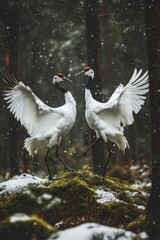 Naklejka na meble Pair of red-crowned cranes in a rainy forest.