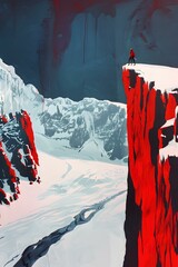 Wall Mural - A Single Figure Stands on a Cliff Overlooking a Snowy Mountain Range