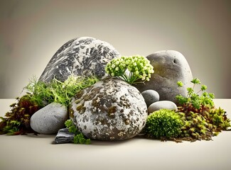 Close Up Of Rocks And Moss With Small Plants