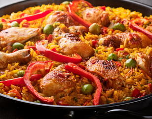 Wall Mural - Paella with chicken, peppers and rice in a large pan