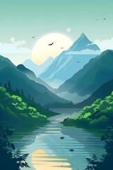 Poster - Scenic Mountain Landscape Illustration with River