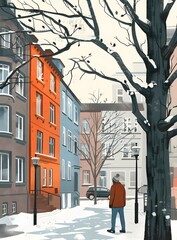 Wall Mural - Snowy Street in Winter with a Person Walking