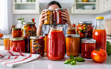 Poster - Woman holding jars of canned vegetables in front of kitchen background . Lots of jars of canned food