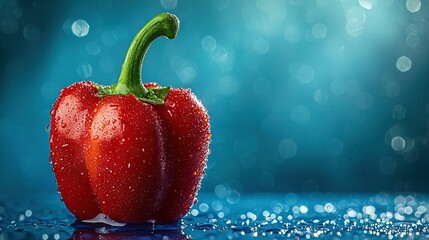 Poster -  A red bell pepper with a green stem resting on a blue background with water droplets on its surface