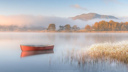 Poster -   Red boat glides atop placid lake, surrounded by towering grass and tree-lined shoreline