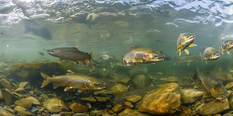 under water scene of fresh water river with many fishes 