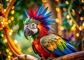 Wall Mural - A colorful macaw perches on a branch, wearing a vibrant decorative mask with feathers and sequins, blending whimsy with