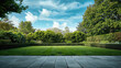 © kora studio - large green courtyard  backyard lawn path in the garden of a luxury mansion blue sky background