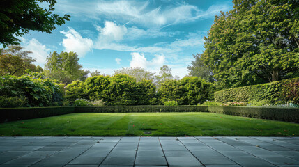 large green courtyard backyard lawn path in the garden of a luxury mansion blue sky background
