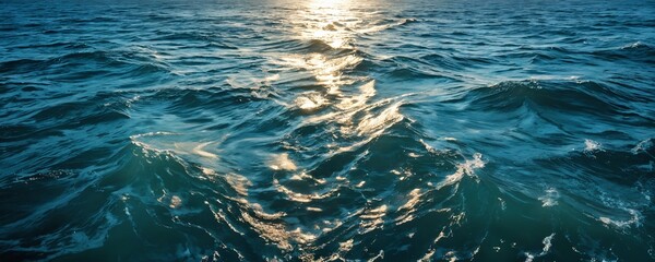 Gentle waves shimmer under the golden sun at dusk on a tranquil ocean surface near the horizon