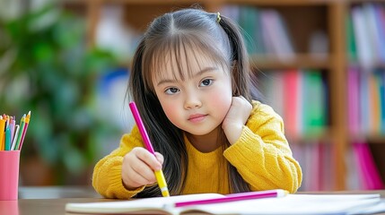 child with down syndrome using coloring markers playing