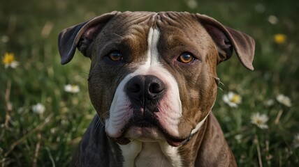 pitbull dog with a flowers, close-up pitbull, cute dog, 