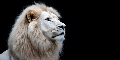 Wall Mural - White Lion Looking Up on Black Background, Abstract Image, Texture, Pattern, Wallpaper, Cover and Screen for Smartphone, PC, Laptop, 9:16 and 16:9 Format