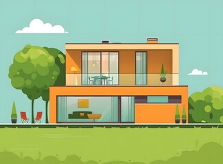 Modern Two Story House with Balcony Illustration