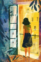 Wall Mural - Woman Looking Out Balcony Window