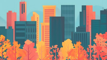 Cityscape with Autumn Trees and Colorful Buildings