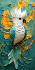 White Parrot with Green Feathers on Yellow-Green Background in 3D Oil Painting Style