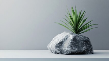 3D render, an abstract minimalistic background with grey rock and plant on a white table for product presentation, a mock-up . --ar 25:14 --v 6.1 Job ID: 53fd7d51-9c20-4ba5-aec0-3c9f3164c415