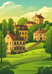 Illustration of Houses on a Hill in the Countryside