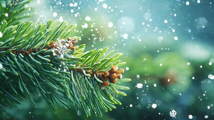 Wall Mural - beautiful green fir tree branches with snow close up. christmas and winter concept.