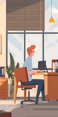 Sticker - Man Working at Desk in Office Illustration