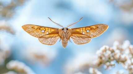 Wall Mural -   Moth close-up on a flowery branch, set against a blue sky