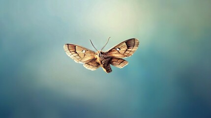 Poster -   A detailed image of a butterfly flying in the sky, with a clear blue backdrop and a slight blur in the distance