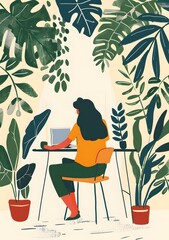 Sticker - Woman Working at a Desk Surrounded by Plants Illustration