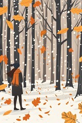 Wall Mural - Woman Standing in a Snowy Forest with Falling Leaves