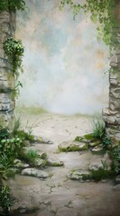 Canvas Print - Stone Pathway with Green Ivy and Cloudy Sky