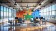 © Four888 - Abstract geometric design of puzzle pieces fitting together to form a seamless grid, symbolizing efficiency, productivity, and harmony in a modern office setting.