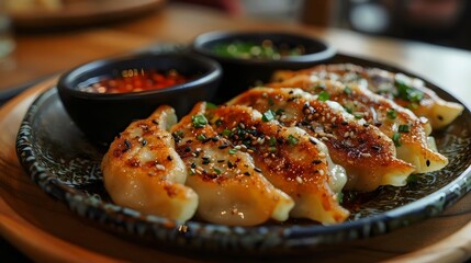 Canvas Print - A plate of dumplings with sauce and garnish