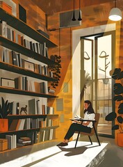 Wall Mural - Woman Reading In A Cozy Library Interior